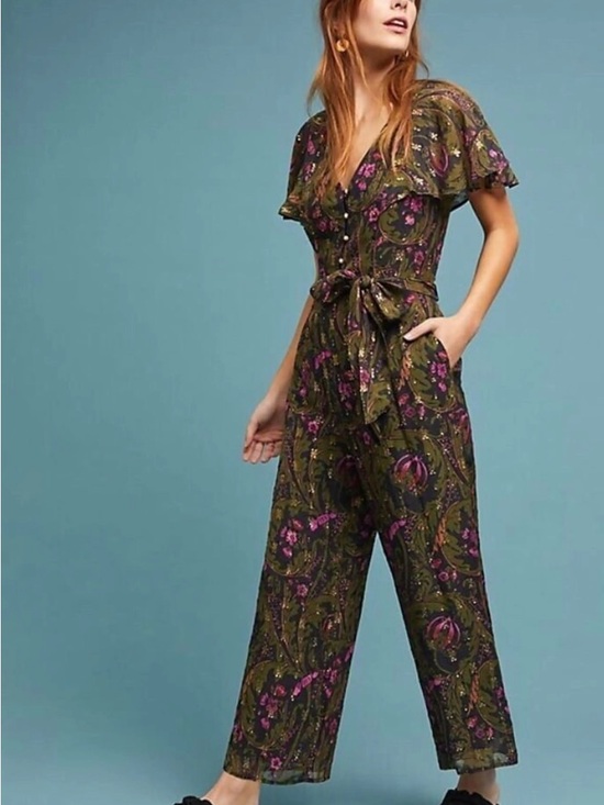 Anthropologie Pants - Anthropologie Ett Twa Metallic Floral Brenda Jumpsuit Green Wedding Guest Party